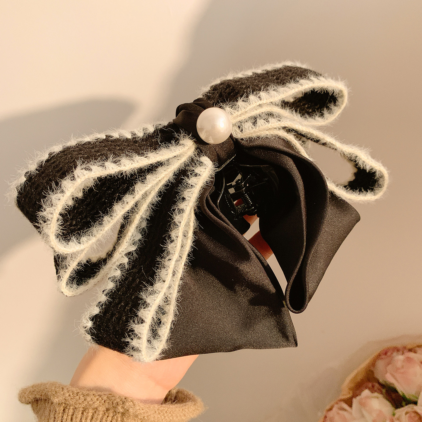 法式复古黑色毛线蝴蝶结马尾抓夹