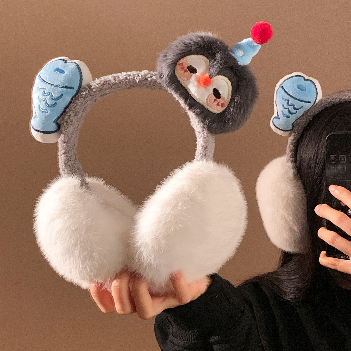 毛茸茸企鹅小鱼耳罩女冬季可爱卡通保暖毛绒防风防寒护耳包耳暖,服饰配件/皮带/帽子/围巾,耳套,淘宝优惠券,粉丝福利购,淘宝优惠卷