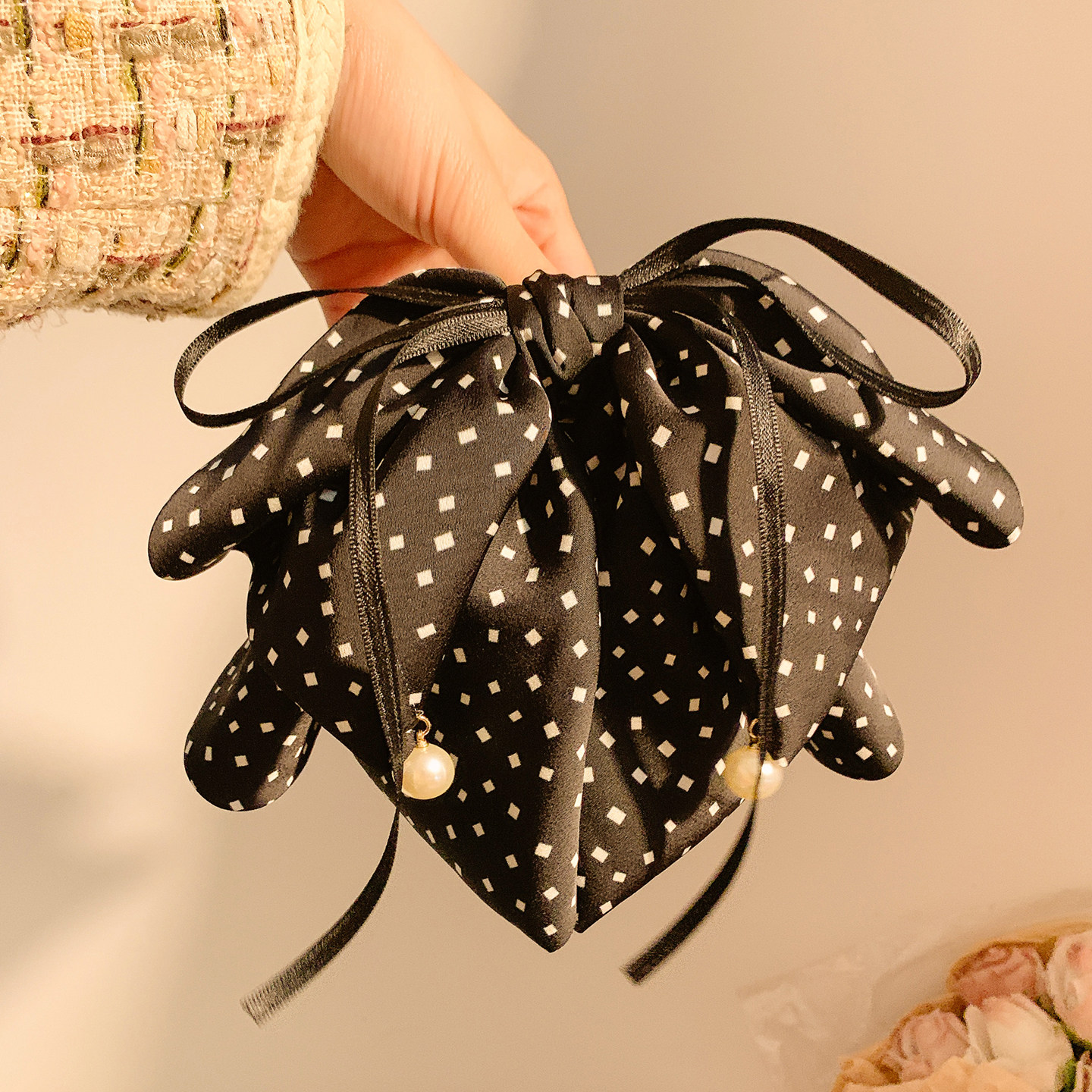 法式气质黑色波点蝴蝶结马尾抓夹