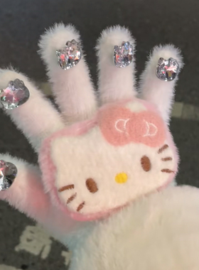 可爱带钻Kitty五指针织毛绒保暖手套女冬季百搭防寒防风骑行加厚