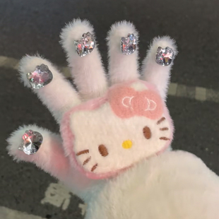 可爱带钻Kitty五指针织毛绒保暖手套女冬季百搭防寒防风骑行加厚