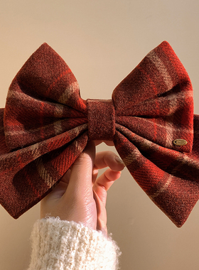 圣诞节红色蝴蝶结格子发夹女后脑勺半扎发鸭嘴夹头饰夹子新年秋冬