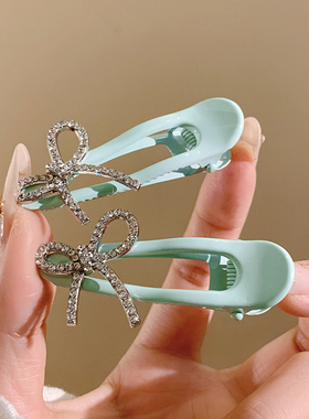 薄荷少女~水钻蝴蝶结绿色发夹女韩系高级感夹子头饰边夹侧边发卡