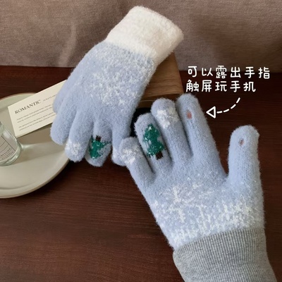奶蓝色~可爱雪花毛线针织手套