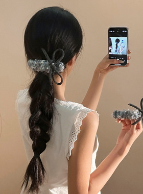 灰色珍珠毛线针织蝴蝶结懒人发夹女高级感头饰后脑勺鸭嘴夹大号