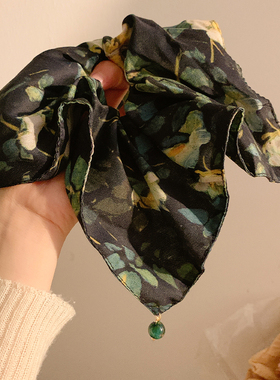 墨色流年~新中式国风珍珠绿色方巾大肠发圈女方形超大号头绳发饰