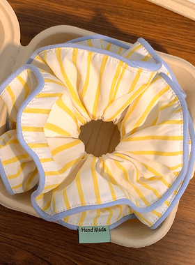 柏林落日~黄色条纹大肠发圈女高级感发饰法式丸子头超大头绳韩系