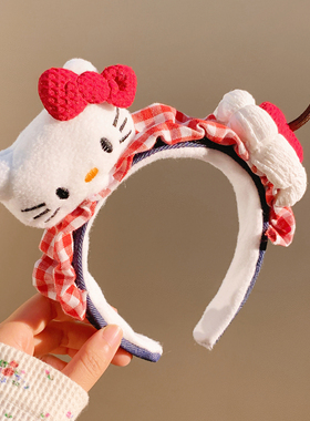 红色格子可爱Kitty猫宽边发箍女高颅顶卡通头箍洗脸压发头饰发卡