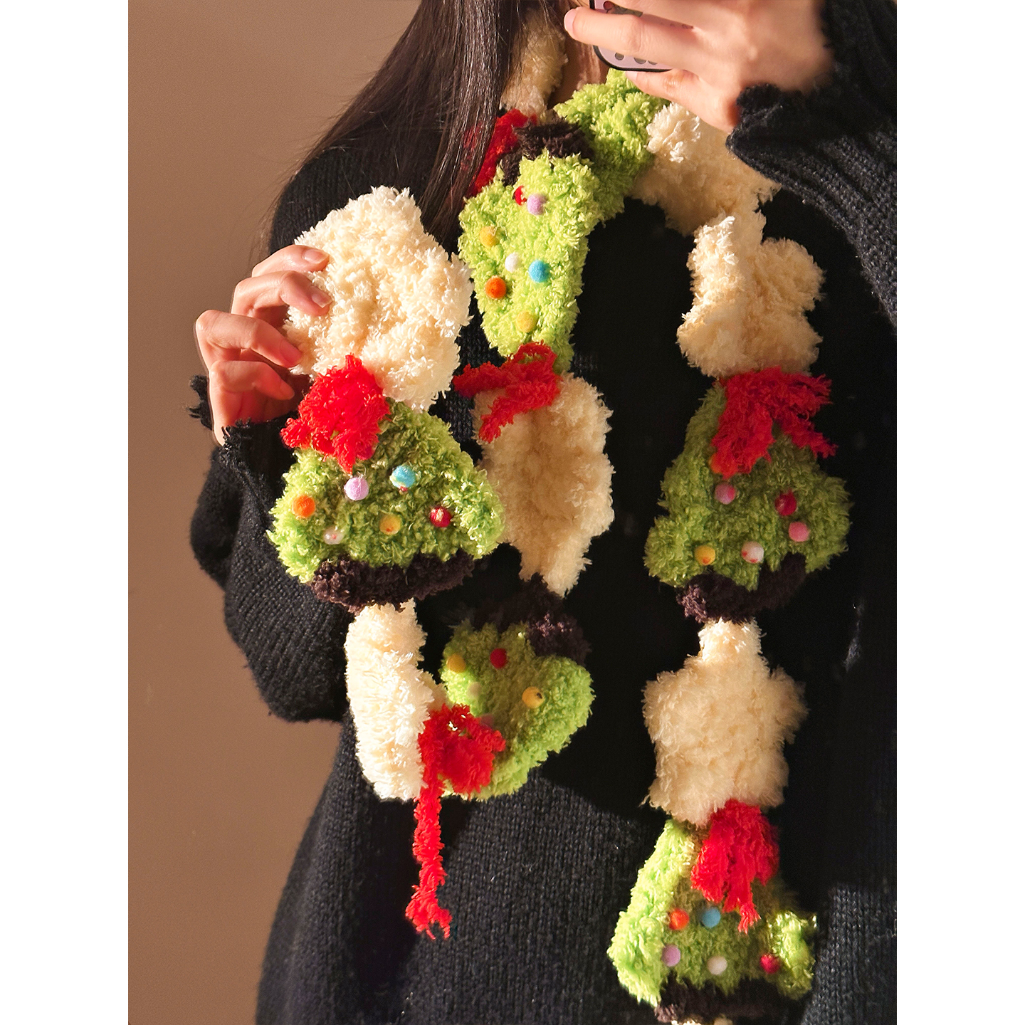 可爱圣诞树毛绒针织围巾