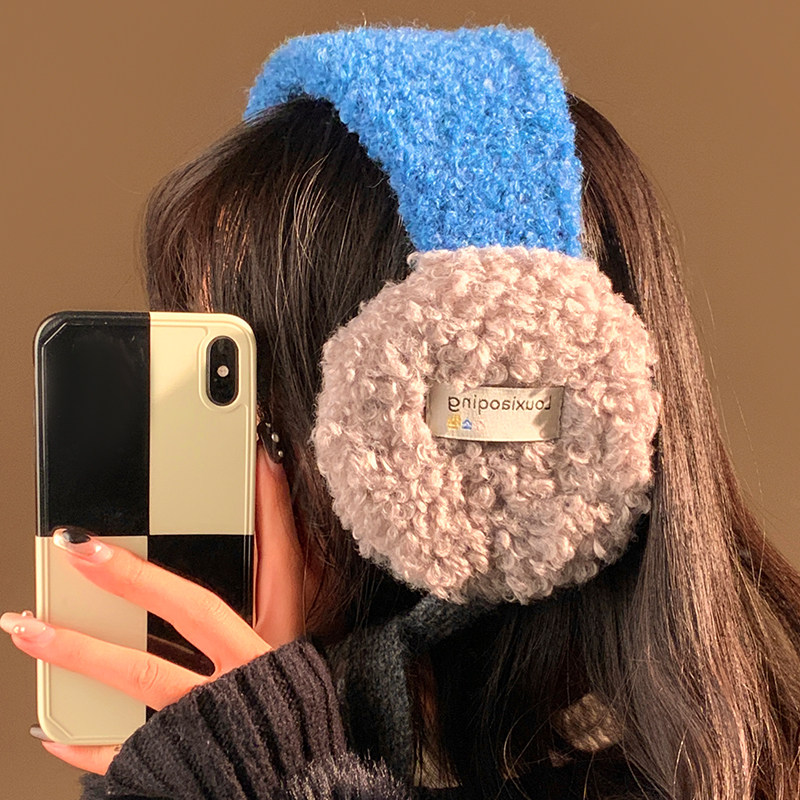 北海道风冬季蓝色羊羔毛耳罩女冬季加厚毛绒保暖防寒防冻骑车耳包