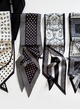 韩系复古黑色波点腰果花丝巾领巾女高级感气质系脖长条配饰新款
