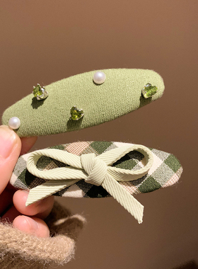 绿色水钻格子蝴蝶结发夹边夹侧边女慵懒风气质碎发刘海夹子头饰