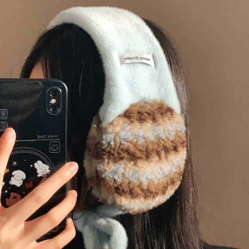 可露丽风~蓝色条纹毛绒保暖耳罩