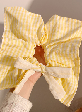 韩系黄色蝴蝶结条纹方巾大肠发圈女高级感小清新头绳方形发饰超大
