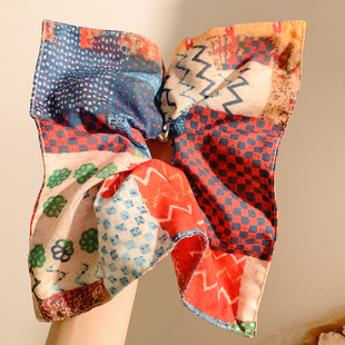 阿克苏 拼接碎花格子方巾大肠发圈女高级感头饰超大方形发绳 景