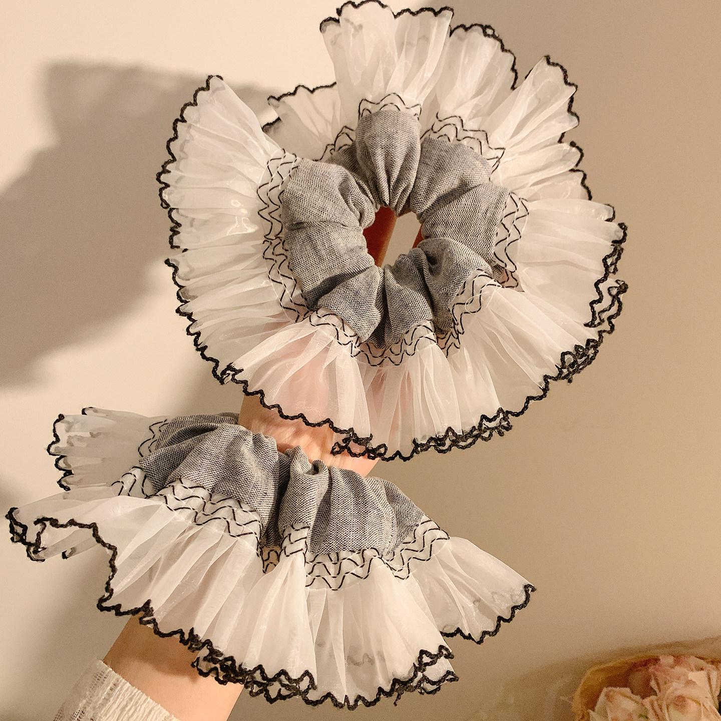 灰色牛仔网纱边大肠发圈女高级感韩系复古小众头饰发绳超大扎头发,饰品/流行首饰/时尚饰品新,发饰,淘宝优惠券,粉丝福利购,淘宝优惠卷