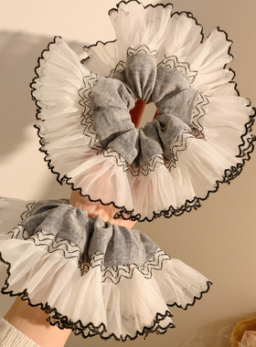 灰色牛仔网纱边大肠发圈女高级感韩系复古小众头饰发绳超大扎头发