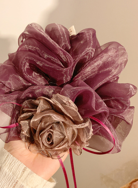 超仙紫色网纱花朵大肠发圈女高级感丸子头扎头发气质头绳超大发饰