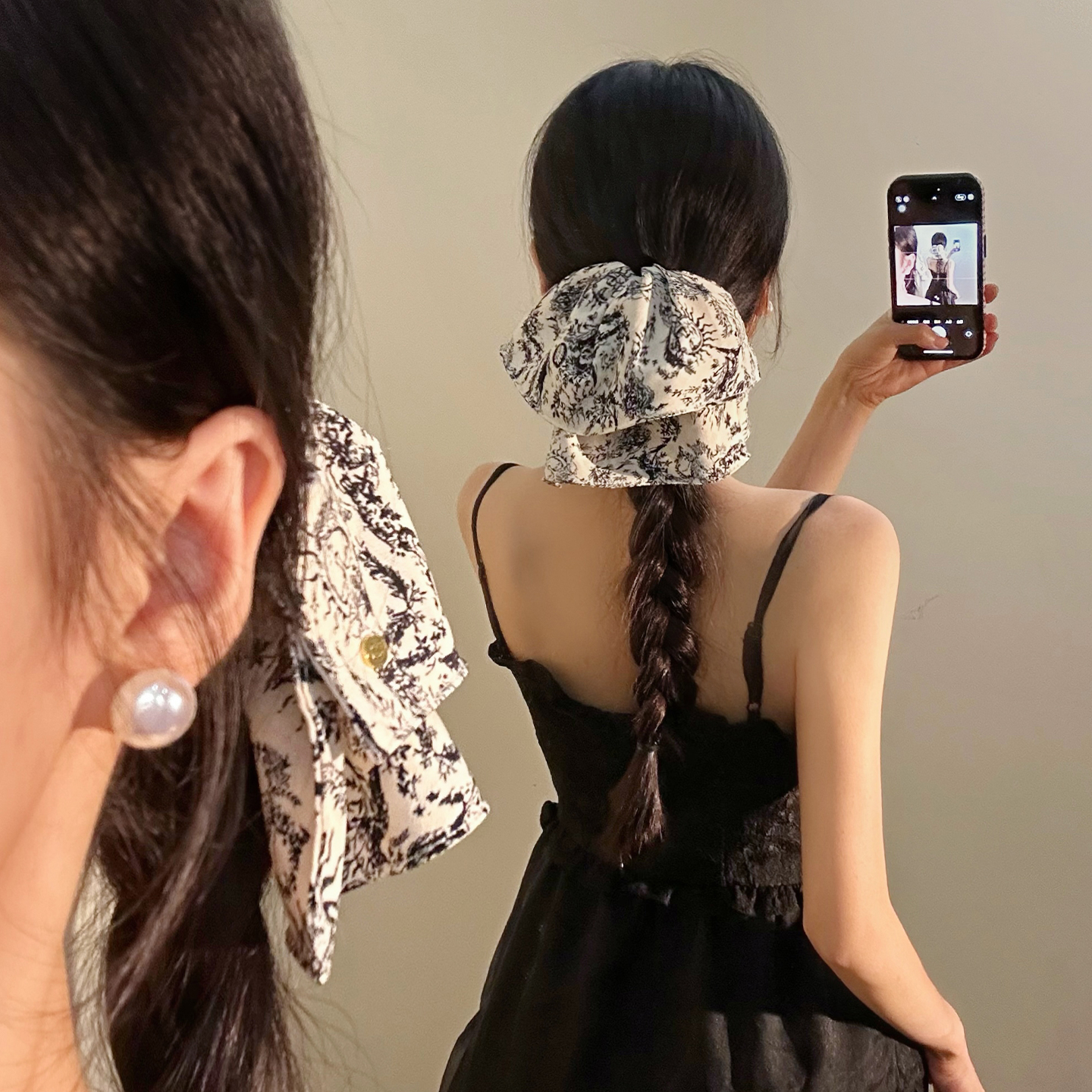 复古黑色太阳花缎面马尾抓夹