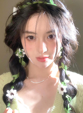 森系绿色藤蔓雏菊花朵丝带编发头饰发带发箍神器花仙子飘带发饰