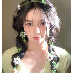 森系绿色藤蔓雏菊花朵丝带编发头饰发带发箍神器花仙子飘带发饰