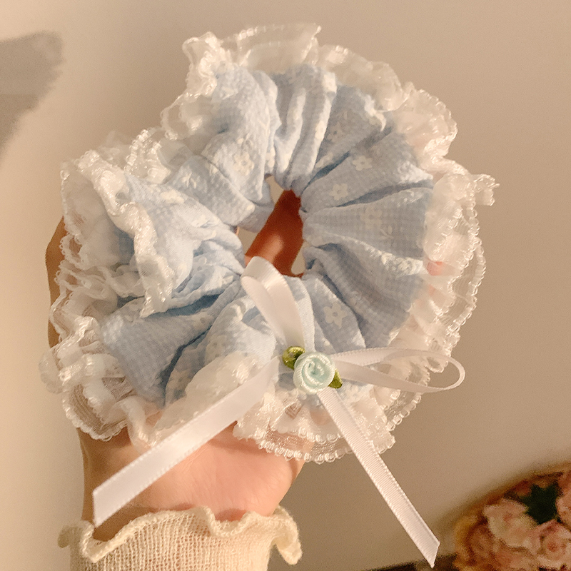 海盐少女~蓝色蝴蝶结蕾丝大肠发圈女高级感韩系甜美花朵头绳发饰