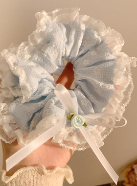 海盐少女~蓝色蝴蝶结蕾丝大肠发圈女高级感韩系甜美花朵头绳发饰
