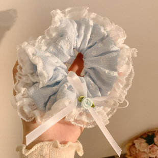 海盐少女 蓝色蝴蝶结蕾丝大肠发圈女高级感韩系甜美花朵头绳发饰