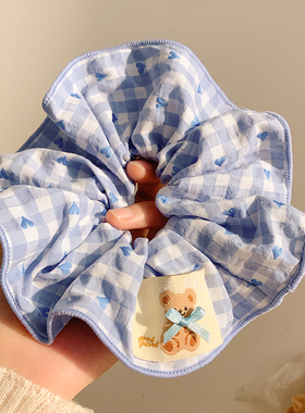 韩系蓝色蝴蝶结格子大肠发圈女慵懒风超大丸子头发饰高级感头绳