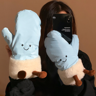 可爱Jelly蓝色笑脸毛绒手套女冬季 加厚加绒保暖防风防寒学生滑雪