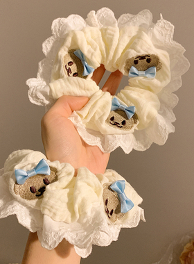 可爱小熊蓝色蝴蝶结蕾丝大肠发圈女韩系温柔大号发绳头绳发饰头饰