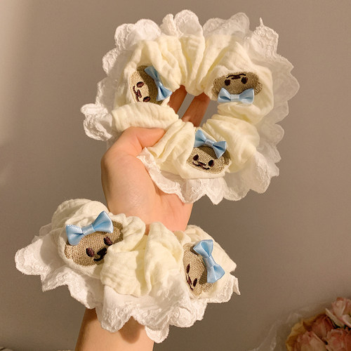 小熊蓝色蝴蝶结蕾丝大肠发圈