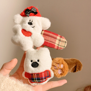 雪岭小熊~可爱红色小熊毛绒发夹女侧边刘海夹卡通夹子头饰鸭嘴夹