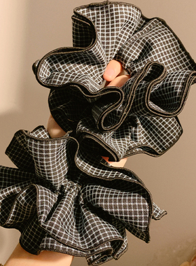 高级感韩系黑色格子四层大肠发圈女超大丸子头慵懒风头饰气质头绳