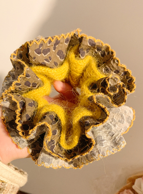 高级感小众黄色毛线豹纹大肠发圈女兔毛新款头绳发饰扎头丸子头