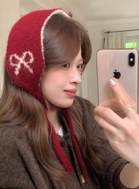 红色针织毛线双面耳罩女保暖