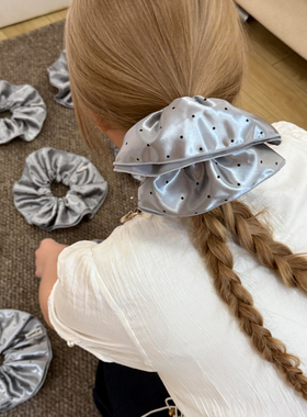 法式波点灰色缎面大肠发圈女高级感气质扎头发低马尾百搭发绳头绳