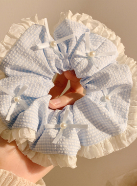 法式温柔蓝色格子蝴蝶结大肠发圈女高级感慵懒风百搭头饰大号发绳