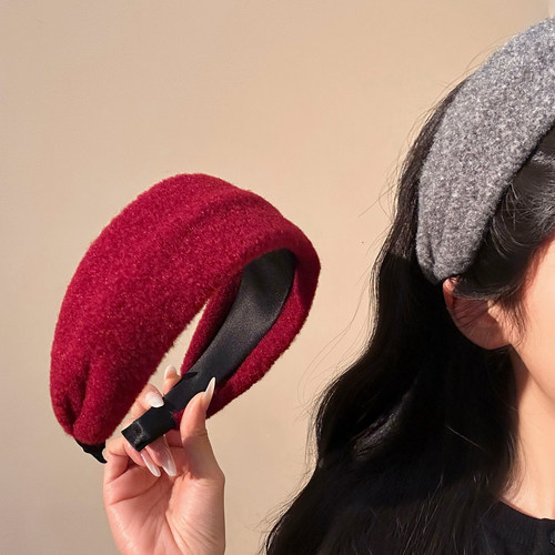 复古红色宽边毛呢发箍