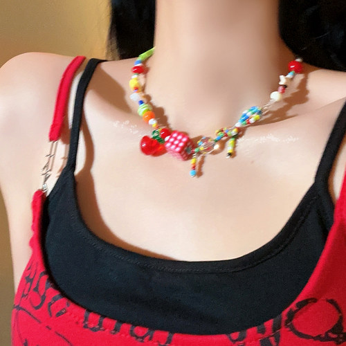 苹果乐园~彩色多巴胺串珠蝴蝶结项链女款可爱甜美小众设计锁骨链