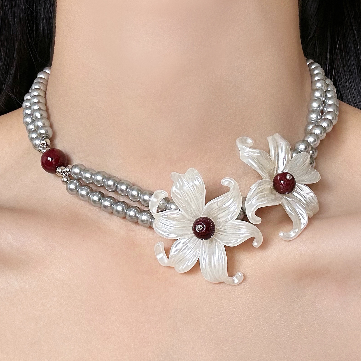 珠光鸢尾花朵珍珠项链choker女