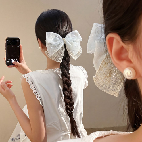 清新蓝色刺绣蝴蝶结弹簧夹女超仙