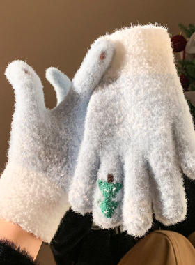 蓝色圣诞树毛绒五指保暖手套可触屏女士冬季加厚防寒防冻骑行学生