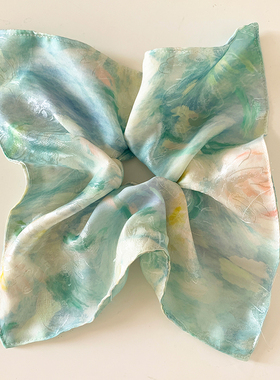 雨瓷痕~新中式蓝色天丝方巾大肠发圈女高级感头饰超大号方形发绳