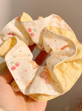 温柔奶黄色小蛮腰樱桃碎花格子大肠发圈女大号高级感肥肠头绳发饰