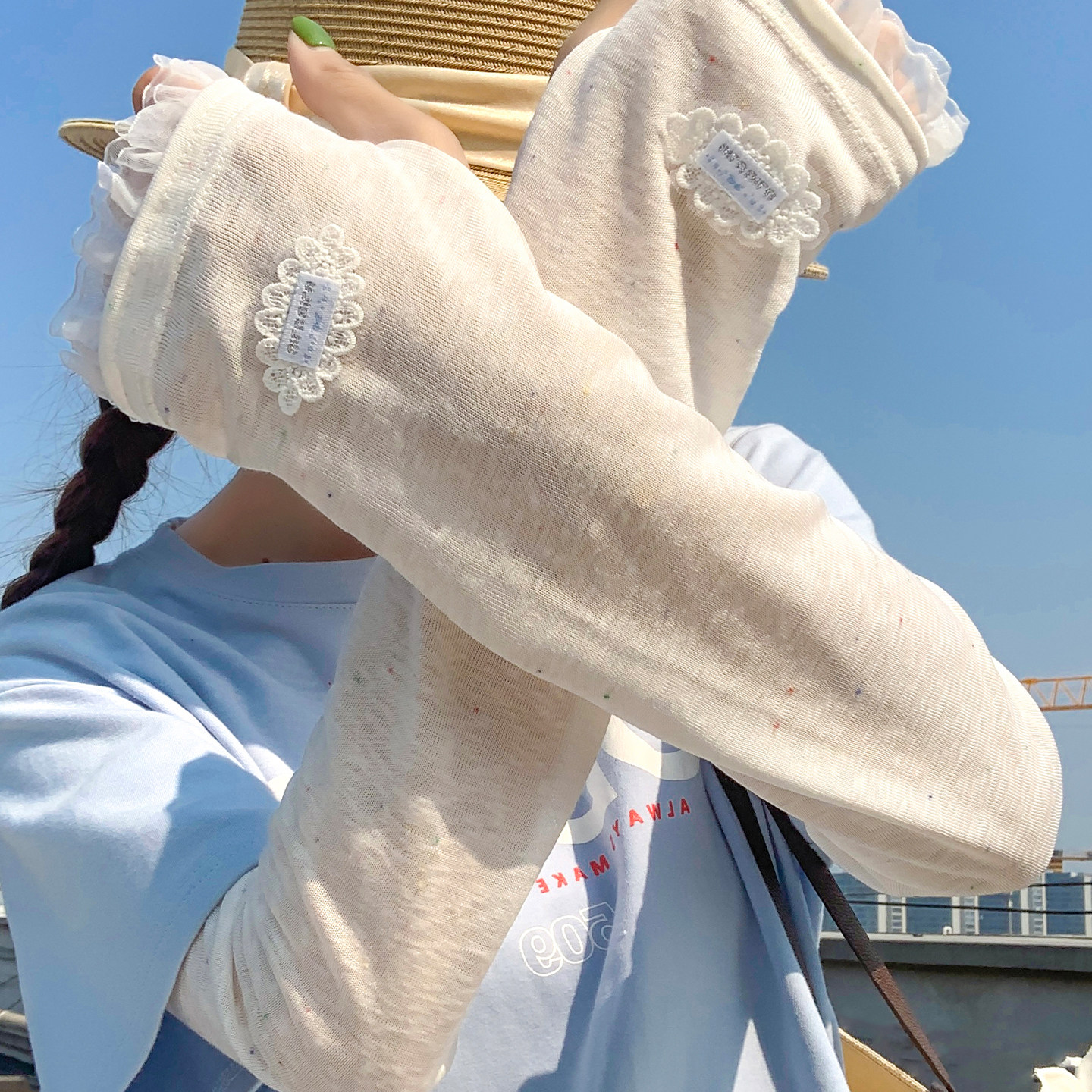少女蕾丝边粉色防晒袖套女透气亲肤薄款防紫外线宽松夏季冰袖户外