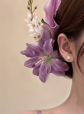鸢尾紫香~新中式紫色花朵流苏发夹女古风旗袍侧边夹头花发卡发饰