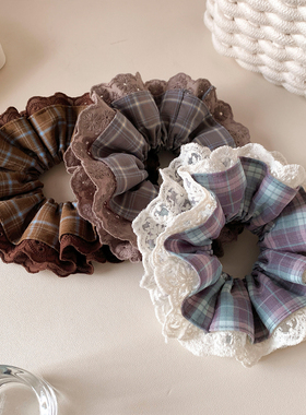 慵懒风紫色格子蕾丝大肠发圈女高级感扎头发丸子头发饰超大头绳