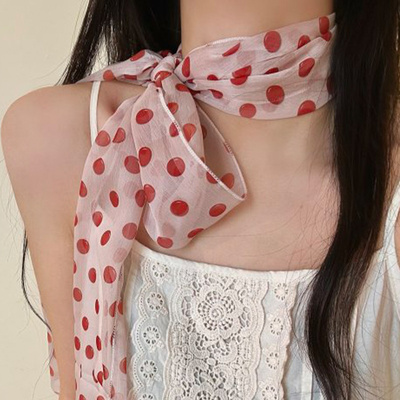 韩系红色波点系脖丝巾