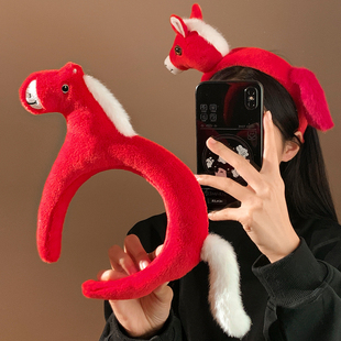 卡通红色马年毛绒发箍女搞怪秋冬新年头饰扮演装 扮道具洗脸头箍